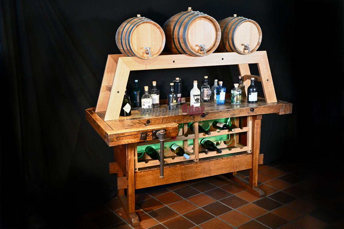 Counter arrangement - workbench with barrels and bottle rack